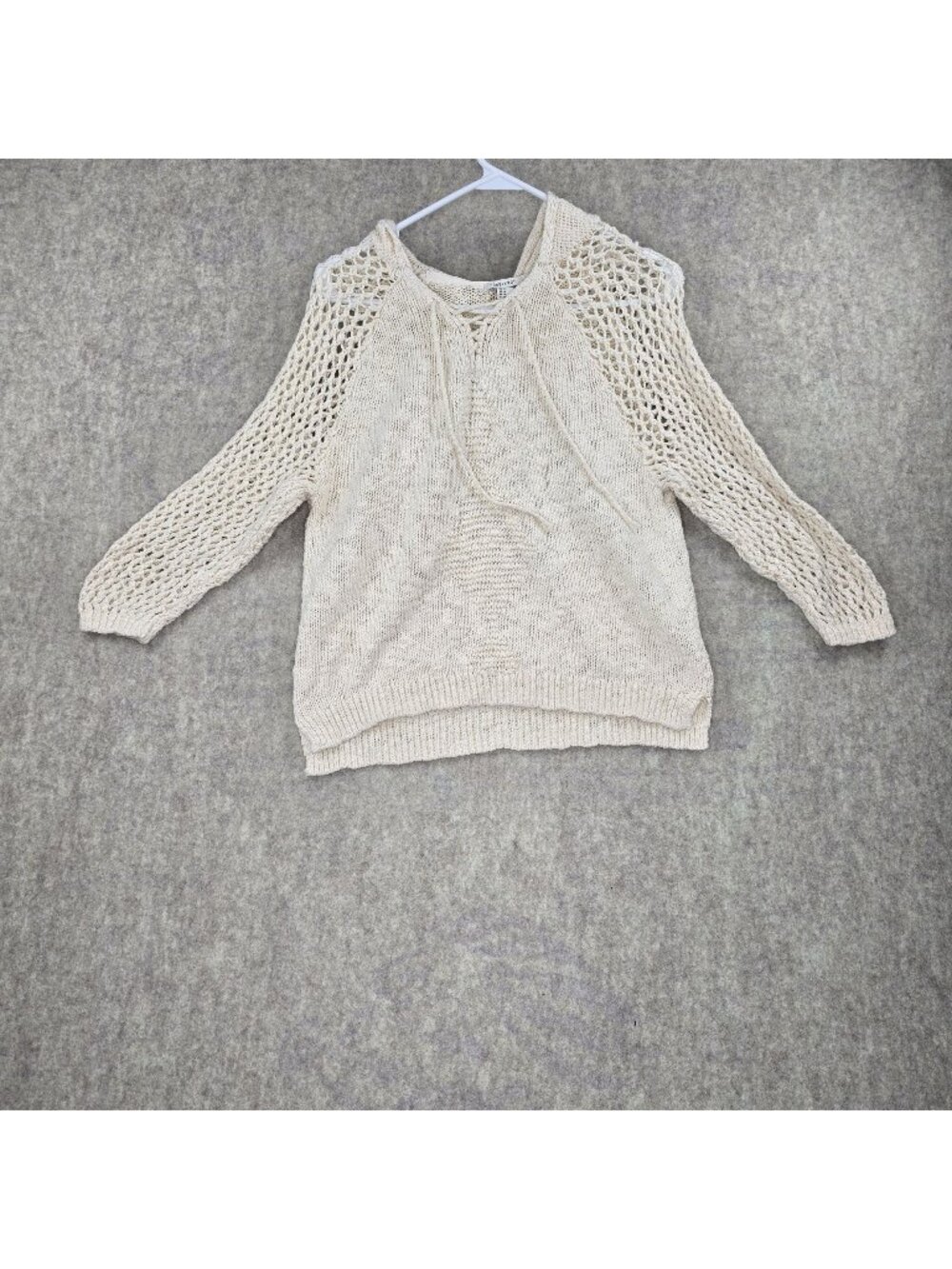 Forever 21 Womens Beige Knit Pullover Hoodie Medium Open-Weave Crochet Sleeves